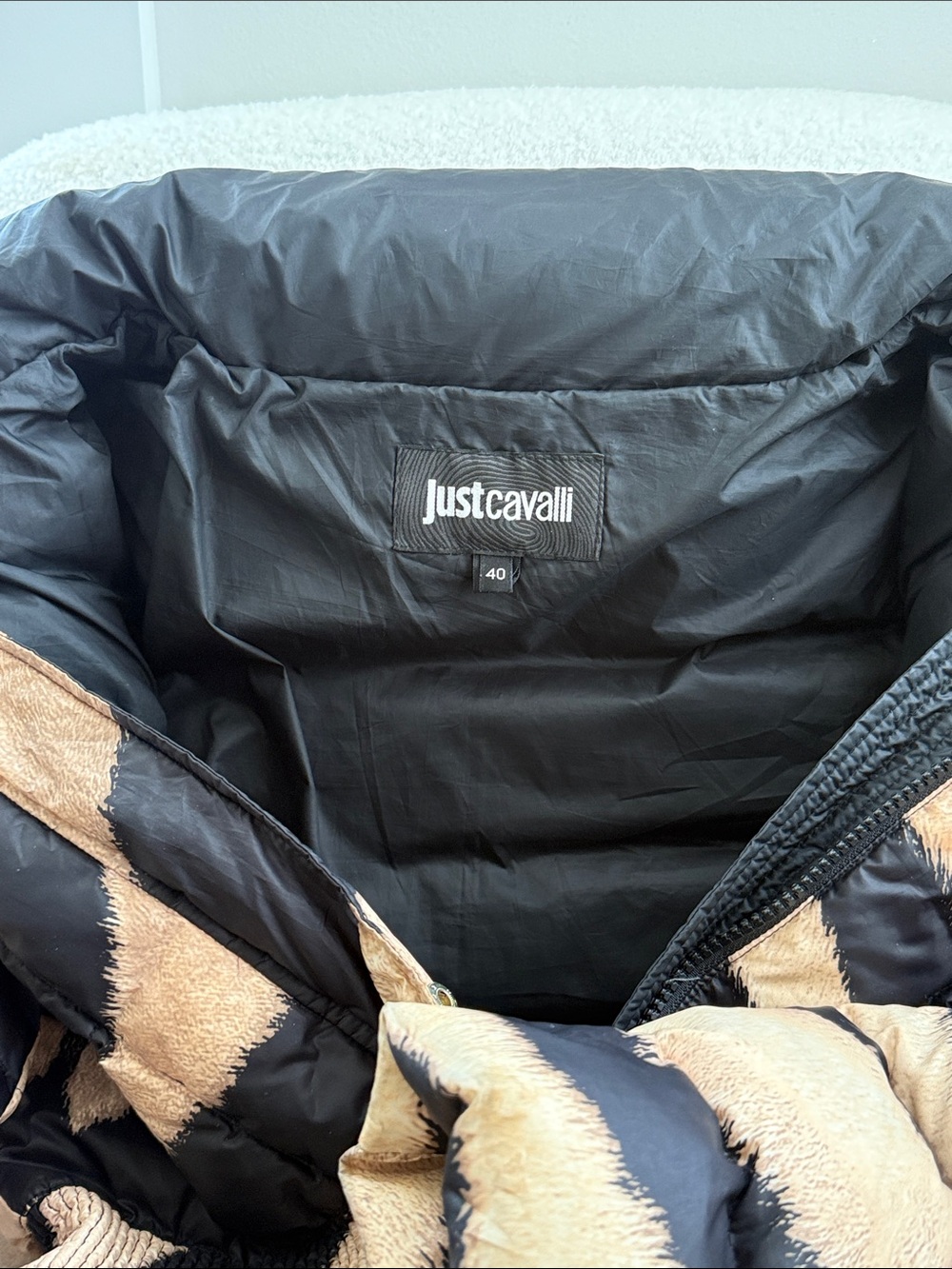 Just Cavalli Black and Beige Zebra-Print Puffer Jacket - Picture 8 of 8